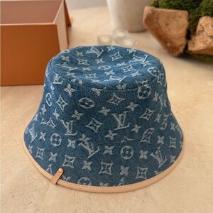 Louis Vuitton Blue Monogram Denim Bucket Hat with Natural Leather Trim